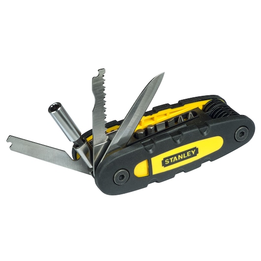 STANLEY STHT0-70695 multi-tool with black and yellow handle, several tools extended, front angle.