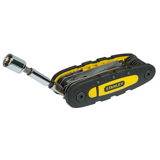STANLEY STHT0-70695 folding hex key set with black and yellow handle, side angle on white background.