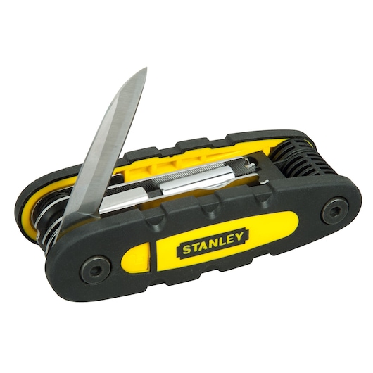 STANLEY STHT0-70695 black and yellow multi-tool with open knife blade, product photography, angled view.