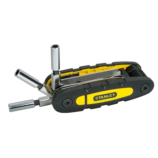 Photo of STANLEY STHT0-70695 folding nut driver set with black and yellow handle, angled on white background.