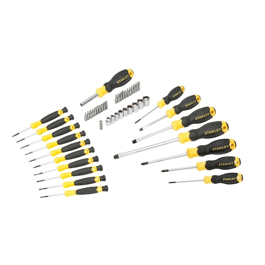STANLEY STHT0-70886 screwdriver and bit set with yellow and black handles, flat lay view, photography product category.