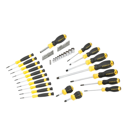 STANLEY STHT0-70888 screwdriver and bit set with black and yellow handles, top view on white background.