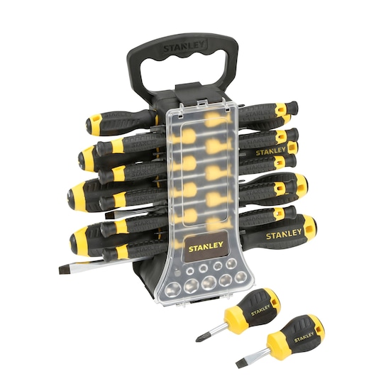 Stanley screwdriver set with yellow and black handles, carrying case, and assorted bits displayed in front.
