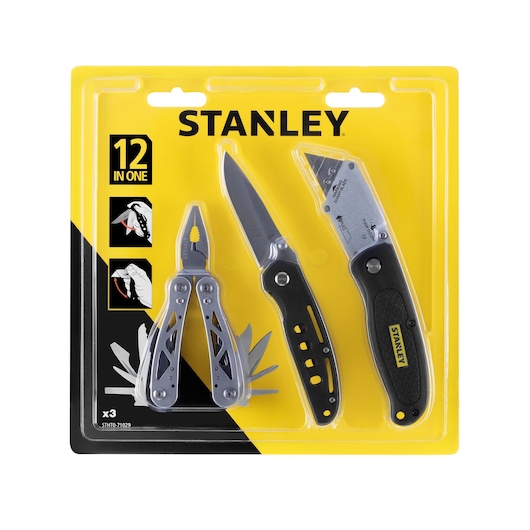 STANLEY STHT0-71029 3-piece multitool set in retail packaging, includes multitool, folding knife, utility knife, front view.
