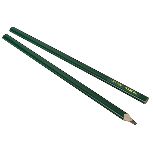 Two green STANLEY carpenter pencils, one sharpened and one unsharpened, lying side by side on a white background.