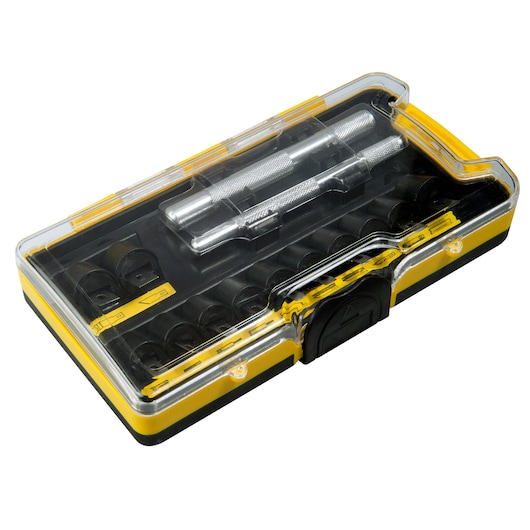 STANLEY STHT0-73872 precision knife set in clear yellow plastic case, angled top view.