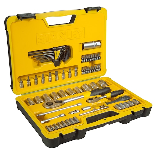 Yellow Stanley tool kit case with assorted sockets, wrenches, bits, and ratchet for multi-purpose use.