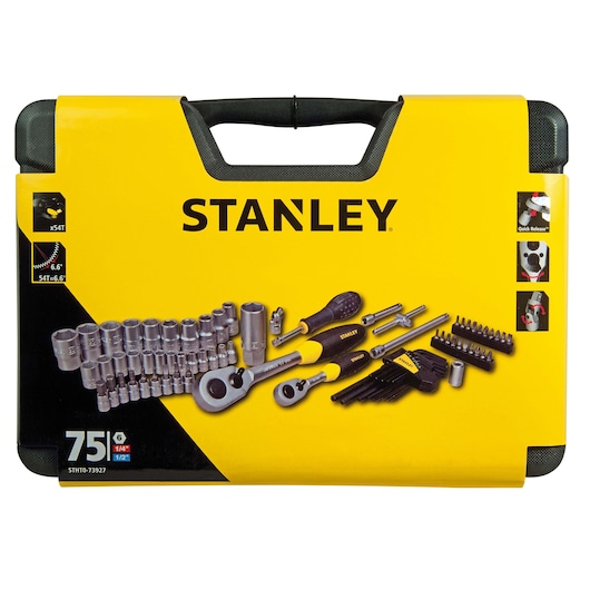 STANLEY STHT0-73927 tool kit case, yellow and black, front angle showing sockets and accessories.