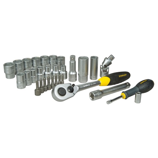 A Stanley socket wrench set including various sockets, extensions, a ratchet handle, screwdriver handle, and bit pieces. The