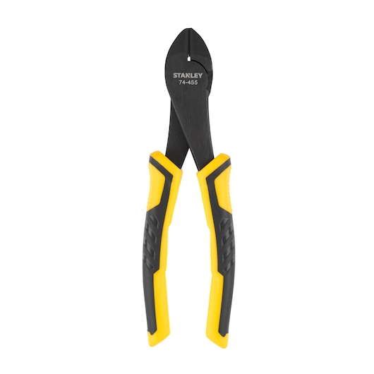 Photo of STANLEY STHT0-74455 diagonal cutting pliers with yellow and black handles, front view on white background.