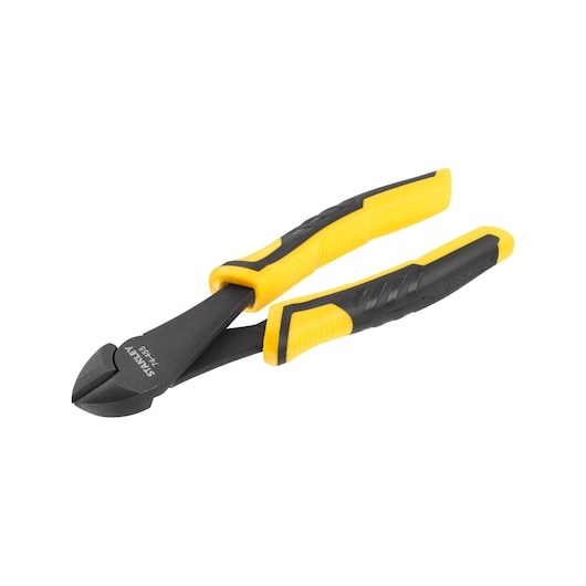 STANLEY STHT0-74455 diagonal cutting pliers with black and yellow handles, angled view on white background.