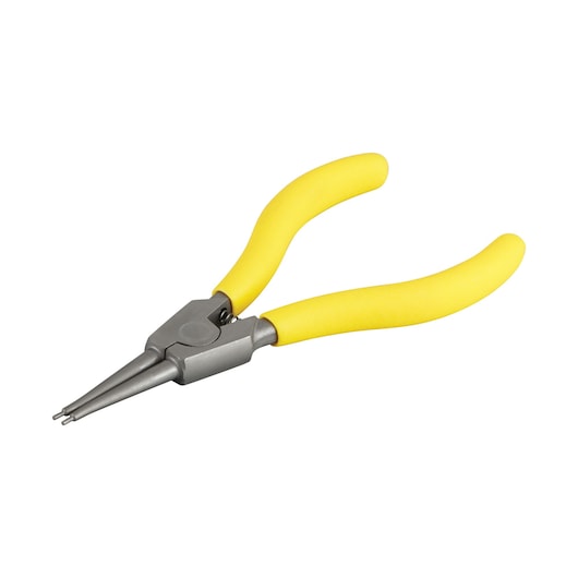 STANLEY STHT0-75412 external circlip pliers with yellow handles, front angle, on white background.