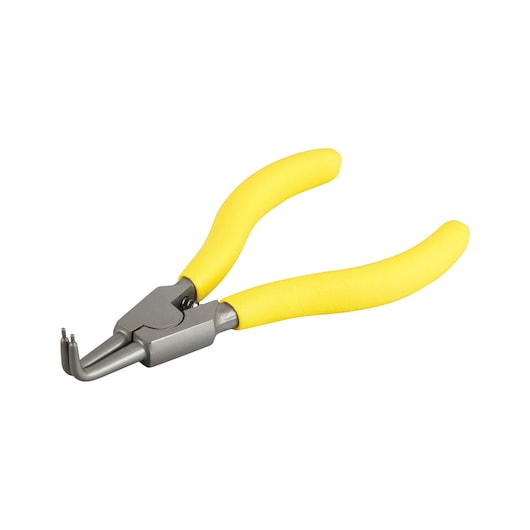 STANLEY STHT0-75413 bent external circlip pliers with yellow handles, product photography, angled on white background.