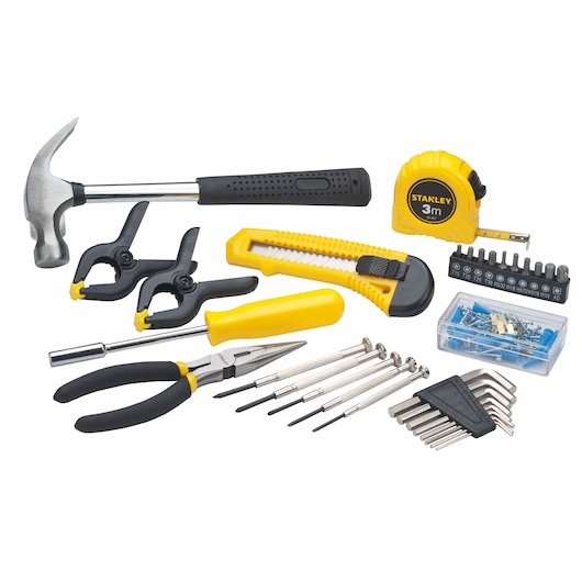 STANLEY STHT0-75943 hand tool set with hammer, pliers, cutters, tape measure, screwdrivers, hex keys, photo on white.