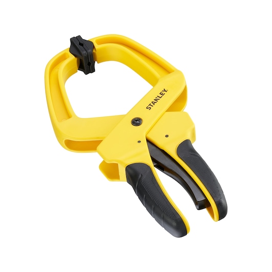 Photo of STANLEY STHT0-83200 yellow and black spring clamp, angled view on white background.