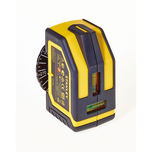 Stanley yellow and black laser level photography tool with angle dial on side.