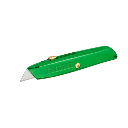 STANLEY STHT10099-5 green utility knife, side angle, metal blade, photography on white background.