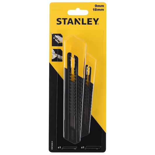 STANLEY STHT10202-0 photography, two black and yellow utility knives in retail packaging, front angle.