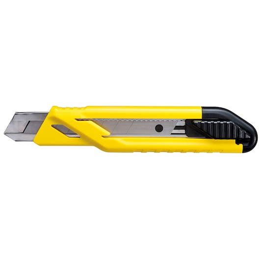 Photo of STANLEY STHT10265-0 utility knife with yellow and black handle, side view, white background.