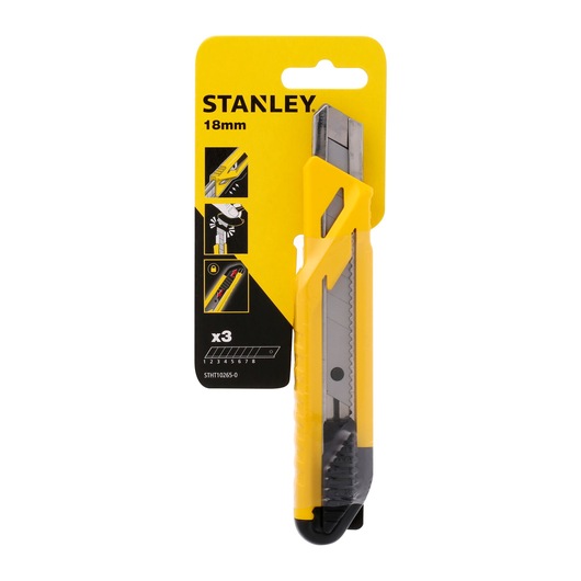 STANLEY STHT10265-0 snap-off utility knife in yellow and black, 18mm blade, front view, in packaging.