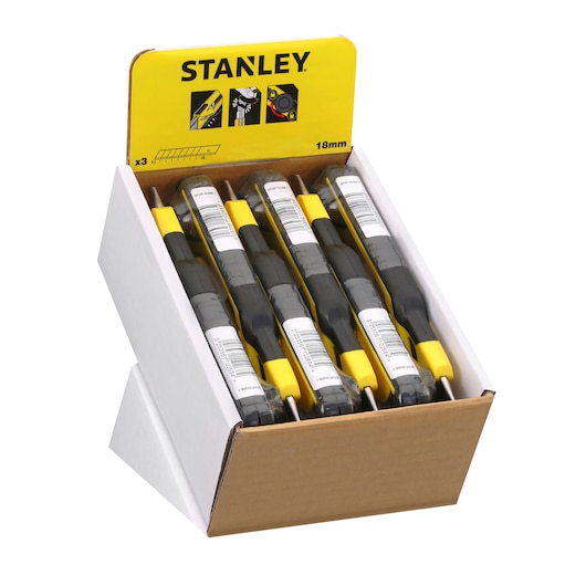 STANLEY STHT10268-1 utility knives in yellow retail display box, angled front view.