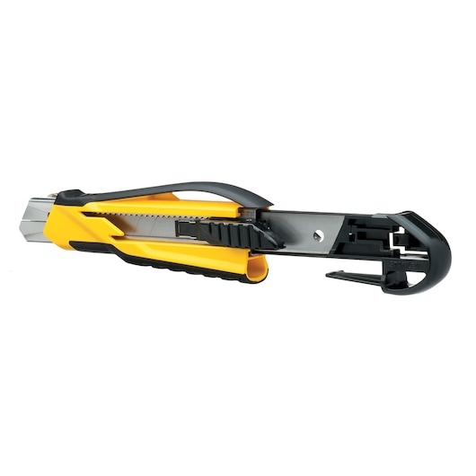 STANLEY STHT10270-0 utility knife with yellow and black handle, extended blade, side view on white background.