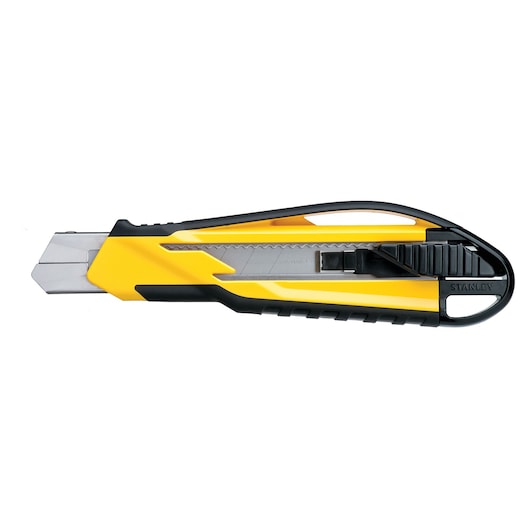 STANLEY STHT10270-0 utility knife, yellow and black, side angle, retractable segmented blade.