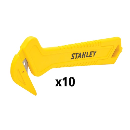 STANLEY STHT10355-1 yellow safety knife side view, pack of ten on white background.