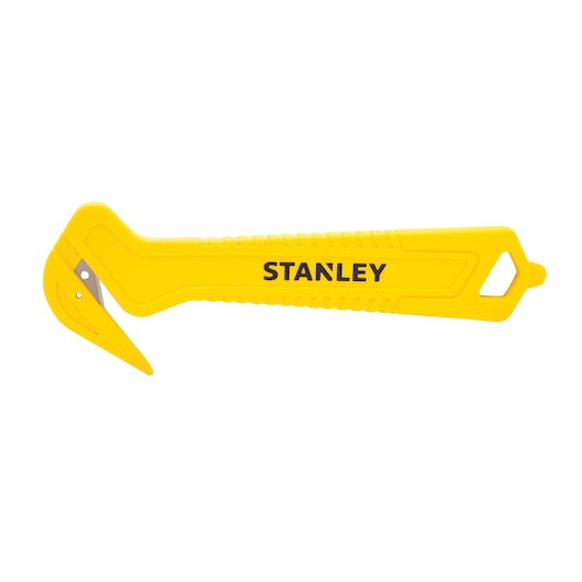 Photo of STANLEY STHT10355-1 yellow safety cutter with hook blade, shown from side on white background.