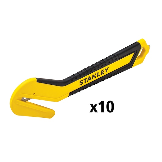 STANLEY STHT10357-1 safety utility knife, yellow and black, side angle, pack of 10
