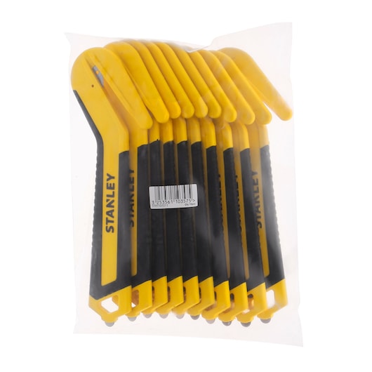 STANLEY STHT10357-1 yellow and black utility knives, pack of ten, front angle on white background.