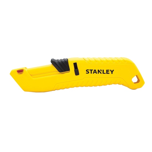 STANLEY STHT10364-0 yellow safety utility knife with black slider, side view, photography on white background.