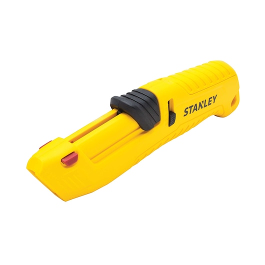 Photo of STANLEY STHT10364-0 yellow safety utility knife with black grip and red buttons, angled left on white background.