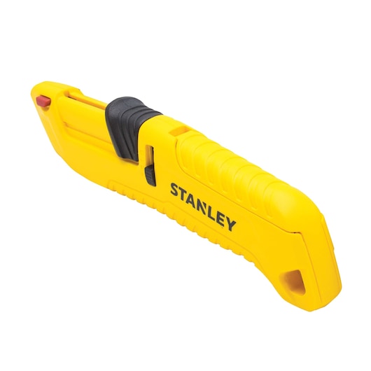 STANLEY STHT10364-0 yellow safety utility knife, angled view, black slider and textured handle.