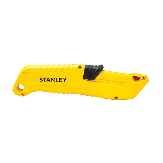 STANLEY STHT10364-0 yellow safety utility knife, side view, with black slider and textured handle.