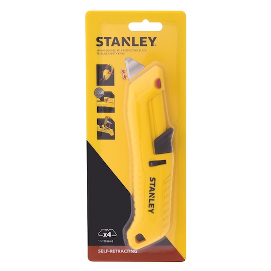 Photo of STANLEY STHT10364-0 yellow self-retracting safety knife in retail packaging, front angle.
