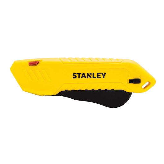 STANLEY STHT10368-0 yellow safety utility knife, photography, side angle on white background