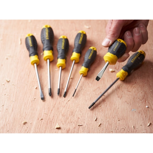 Photo of STANLEY STHT16147-0 screwdriver set with yellow and black handles on a wooden surface, one held in hand.
