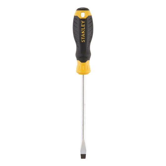 STANLEY STHT16149-0 slotted screwdriver with black and yellow handle, front view on white background.