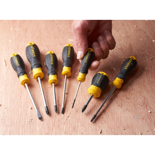Photo of STANLEY STHT16151-0 screwdriver set with yellow and black handles, shown on a wooden surface with a hand holding one.