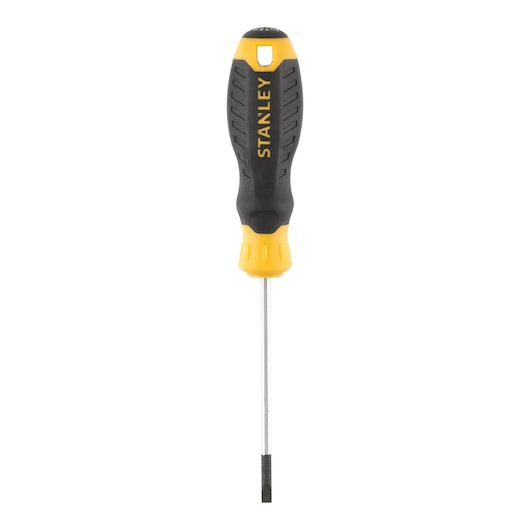 STANLEY STHT16152-0 flathead screwdriver front view, black and yellow handle, silver shaft.