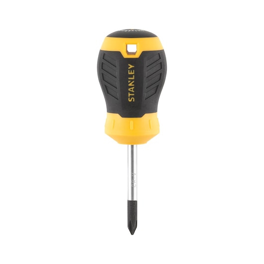 STANLEY STHT16154-0 stubby Phillips screwdriver with black and yellow handle, front view on white background.