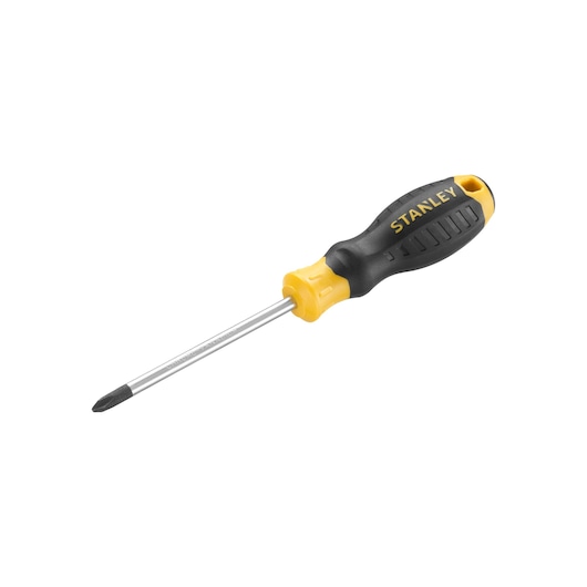 STANLEY STHT16158-0 Phillips screwdriver with black and yellow ergonomic handle, product side angle on white background.