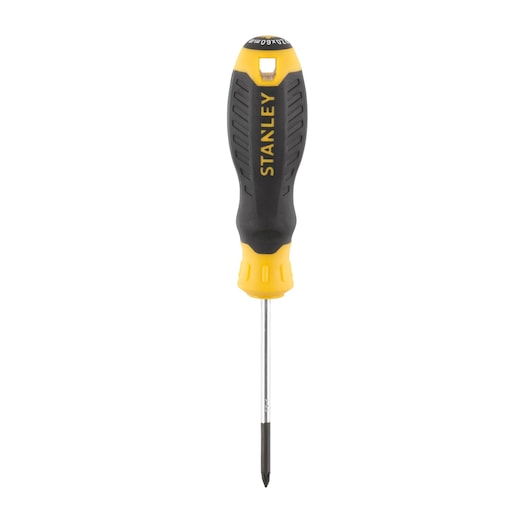 STANLEY STHT16161-0 Phillips screwdriver with black and yellow handle, front angle on white background.
