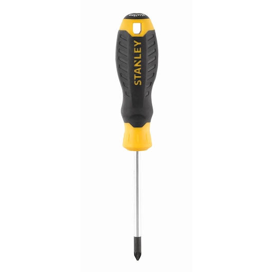 STANLEY STHT16162-0 Phillips screwdriver with black and yellow handle, front angle on white background.