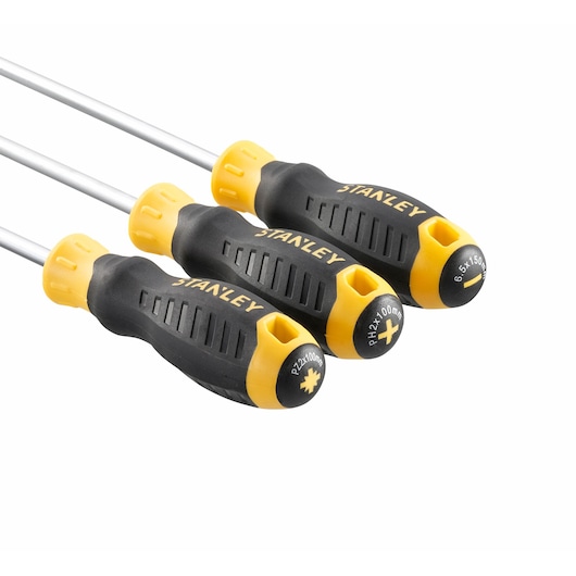 Photo of STANLEY STHT16168-0 screwdriver set, three black and yellow ergonomic handles, angled view.