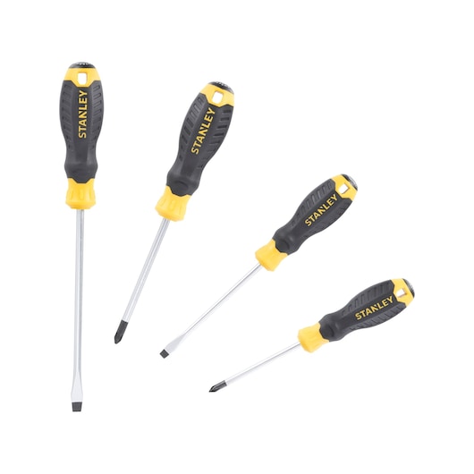 STANLEY STHT16169-0 screwdriver set with black and yellow handles, front angle, on white background.