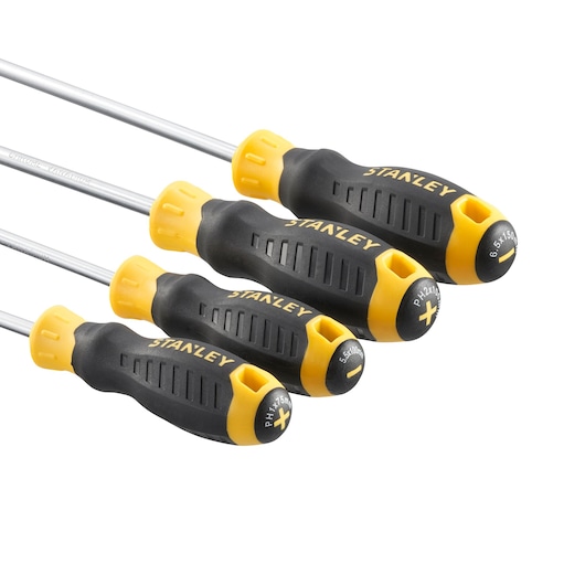 STANLEY STHT16169-0 screwdriver set, black and yellow handles, photography, top angle on white background.