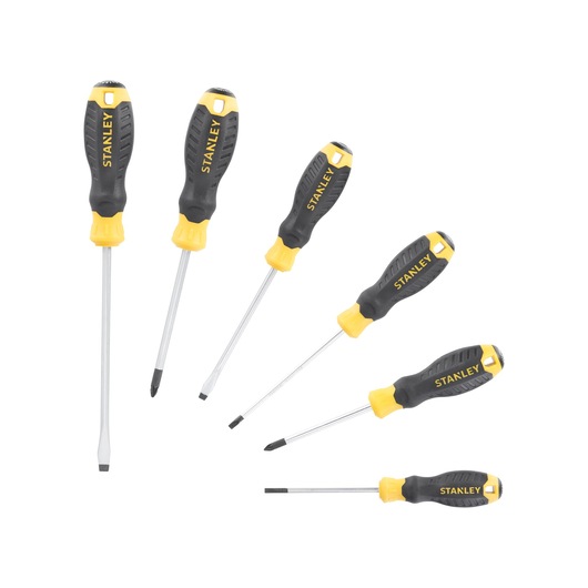 STANLEY STHT16172-0 photography of six screwdriver set with black and yellow handles, front angle, white background.