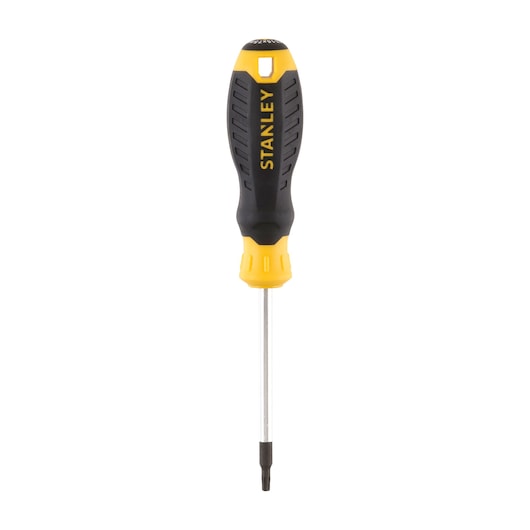 Photo of STANLEY STHT16178-0 screwdriver with black and yellow handle, front angle on white background.